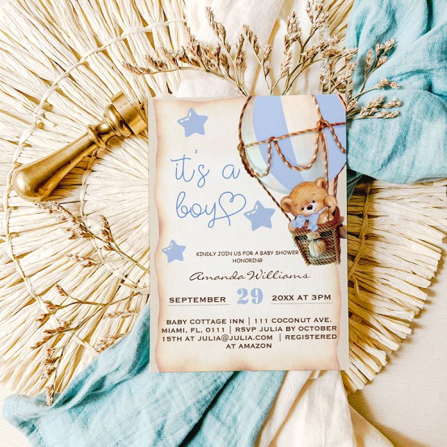 Convite Chá de fraldas de Balão de Ar Quente Azul do Urso  (Criador carregado)