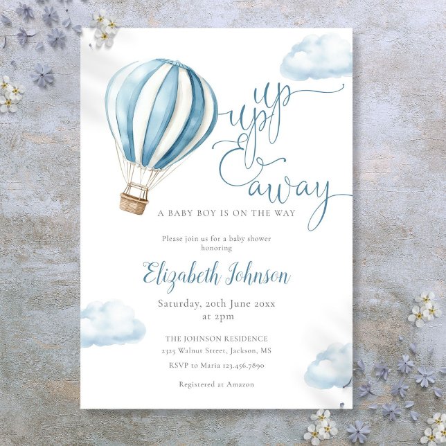 Convite Chá de fraldas De Balão De Ar Quente Azul Para Cim (Up And Away Boy Blue Hot Air Balloon Baby Shower Invitation)