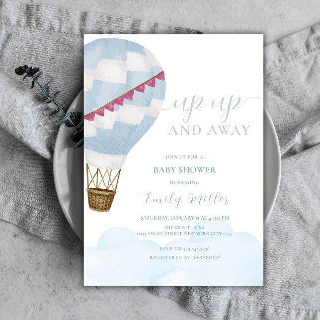 Convite Chá de fraldas de balão de ar quente Boho minimali (Blue Minimalist Boho Hot Air Balloon Baby Shower Invitation)