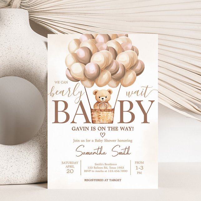 Convite Chá de fraldas de Balão de Ar Quente Castanho de E (Gender Neutral Baby Bear Baby Shower Invitation)