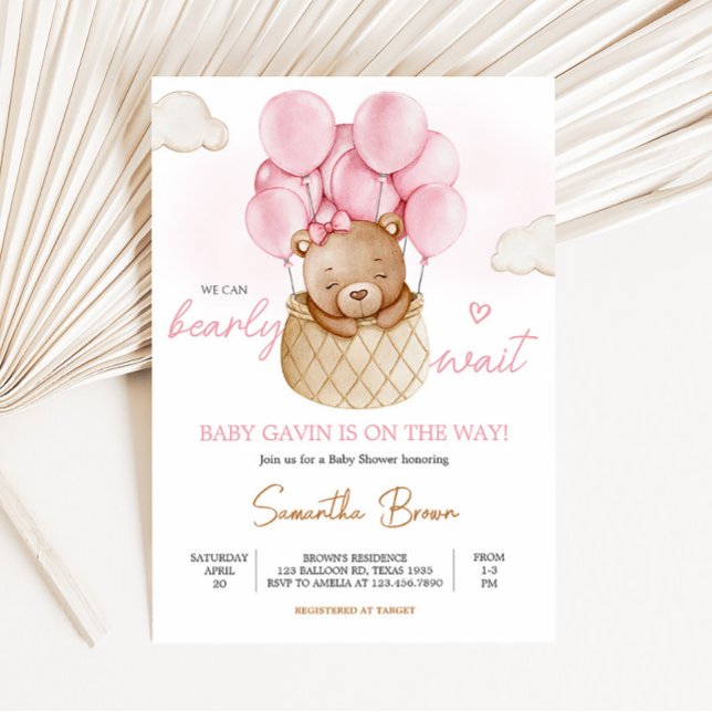 Convite Chá de fraldas de Balão de Ar Quente com Urso Bebê (Baby Bear Pink Baby Shower Invitation)