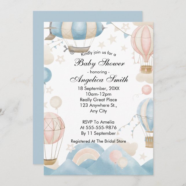 Convite Chá de fraldas de Balão de Ar Quente de Aquarela (Frente/Verso)