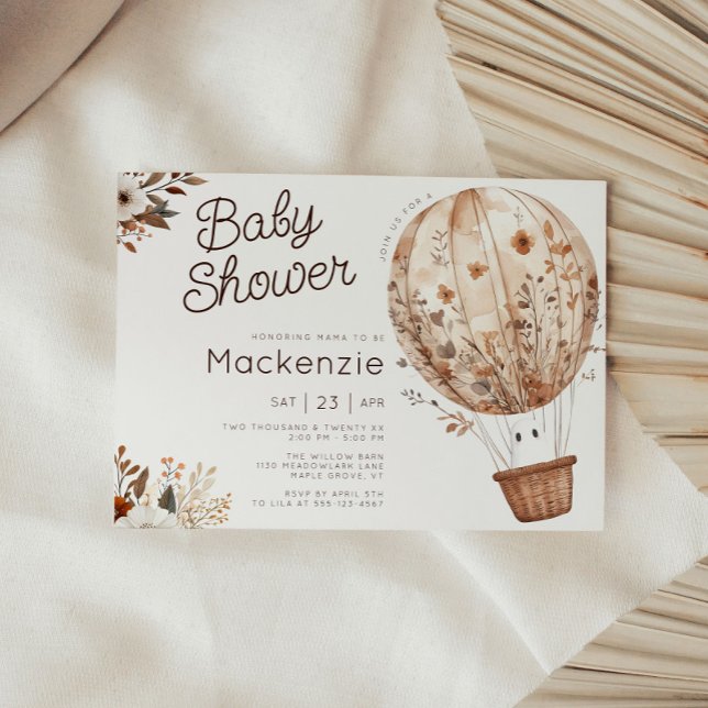 Convite Chá de fraldas de Balão de Ar Quente do Fantasma (Cozy in Bloom Hot Air Balloon Horizontal Baby Shower Invitation )