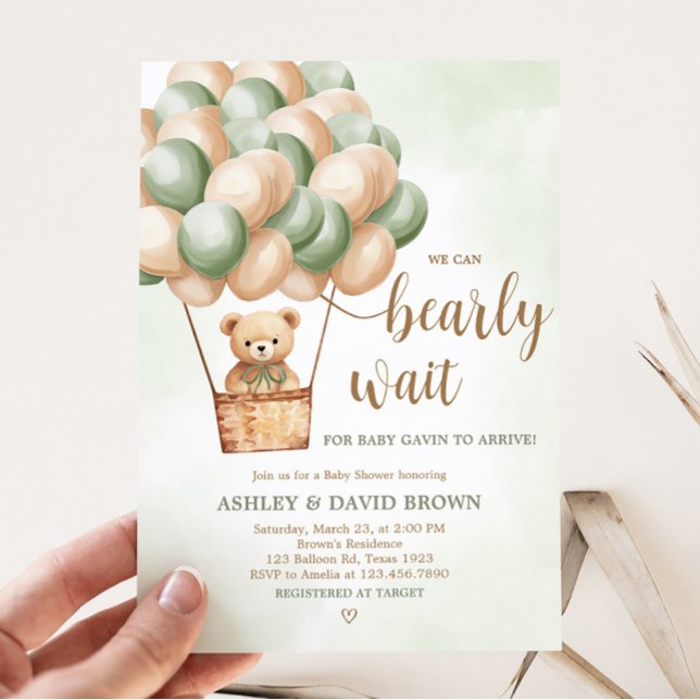 Convite Chá de fraldas de Balão de Ar Quente do Green Bear (Boho Green Bear Baby Shower Invitation)