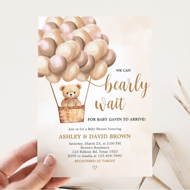 Convite Chá de fraldas de Balão de Ar Quente do Urso Casta (Boho Brown Bear Baby Shower Invitation)