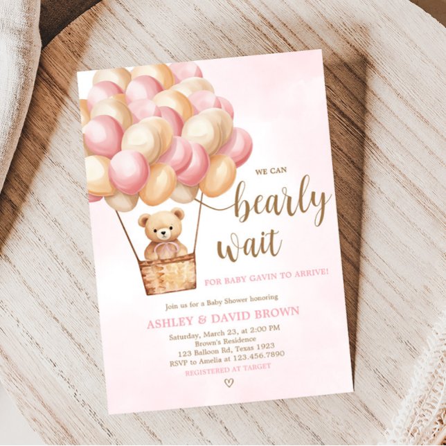 Convite Chá de fraldas de Balão de Ar Quente do Urso Rosa (Girl Bear Boho Baby Shower Invitation)