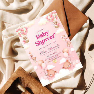 Convite Chá de fraldas de Balão de Ar Quente do Urso Rosa