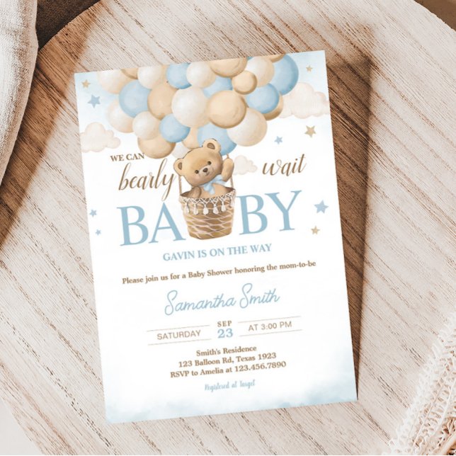 Convite Chá de fraldas de Balão de Ar Quente do Urso Teddy (Boho Blue Bear Baby Shower Invitation)
