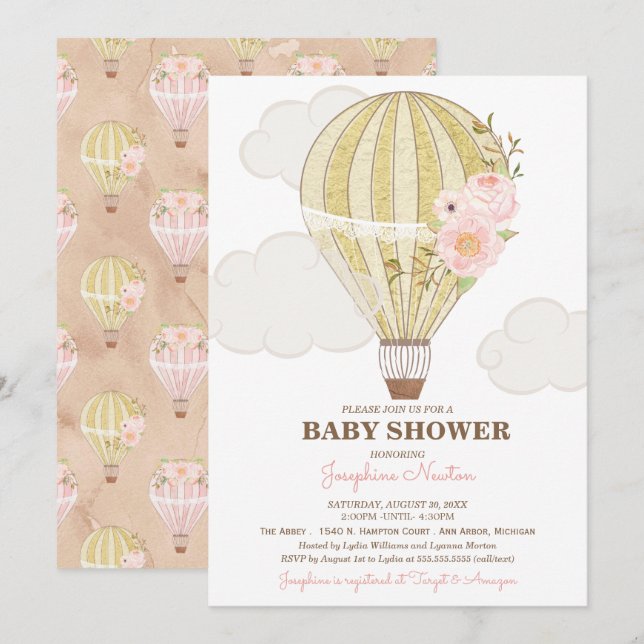 Convite Chá de fraldas de balão de ar quente Dourado e ros (Frente/Verso)