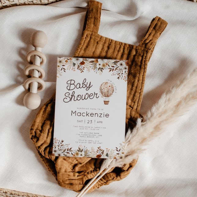 Convite Chá de fraldas de Balão de Ar Quente Floral (Cozy in Bloom Hot Air Balloon Baby Shower invitation )