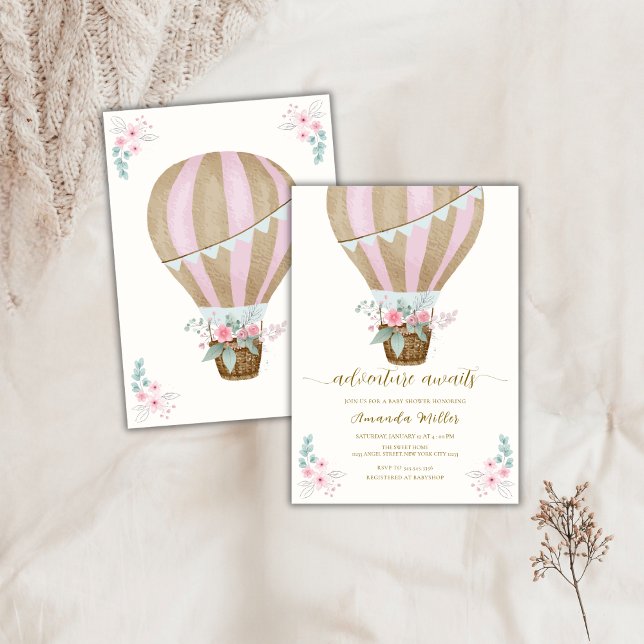 Convite Chá de fraldas de Balão de Ar Quente Floral (Watercolor Floral Hot Air Balloon Baby Shower Invitation)