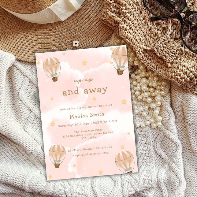 Convite Chá de fraldas de Balão de Ar Quente na Nuvem Eleg (Pink Elegant Cloud Hot Air Balloon Baby Shower Invitation)