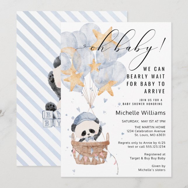 Convite Chá de fraldas de Balão de Ar Quente Panda (Frente/Verso)