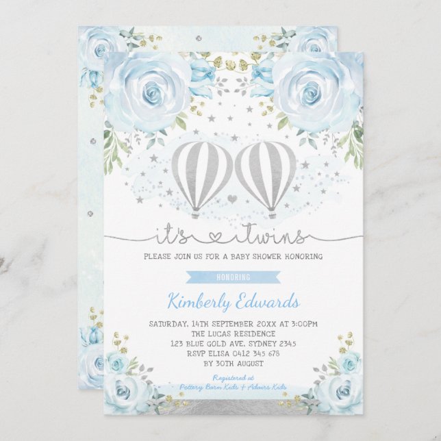 Convite Chá de fraldas de Balão de Ar Quente para Garotos  (Frente/Verso)