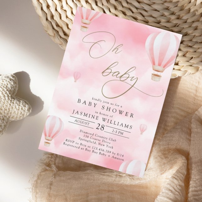 Convite Chá de fraldas de balão de ar quente rosa (Criador carregado)