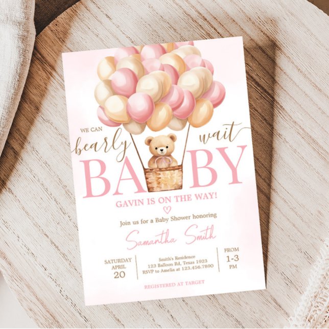 Convite Chá de fraldas de Balão de Ar Quente Rosa de Esper (Girl Baby Bear Balloons Baby Shower Invitation)