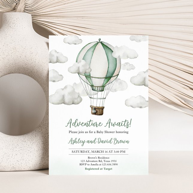 Convite Chá de fraldas de balão de ar quente verde (Gender Neutral Travel Baby Shower Invitation)