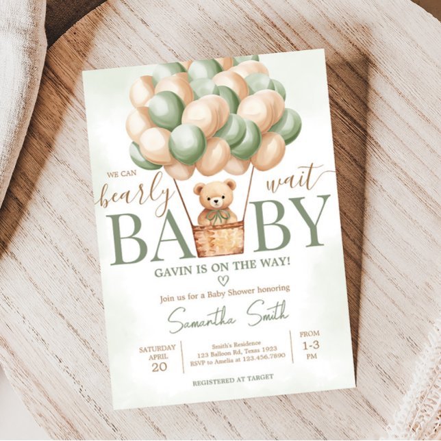 Convite Chá de fraldas de balão de ar quente verde de espe (Gender Neutral Baby Bear Balloons Baby Shower Invitation)