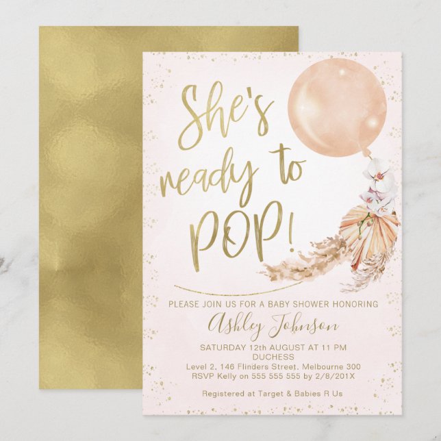 Convite Chá de fraldas De Balão De Boho Dourado Rosa Pront (Frente/Verso)