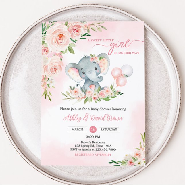 Convite Chá de fraldas de Balão de Elefante Floral Rosa (Floral Balloon Elephant Baby Shower Invitation)