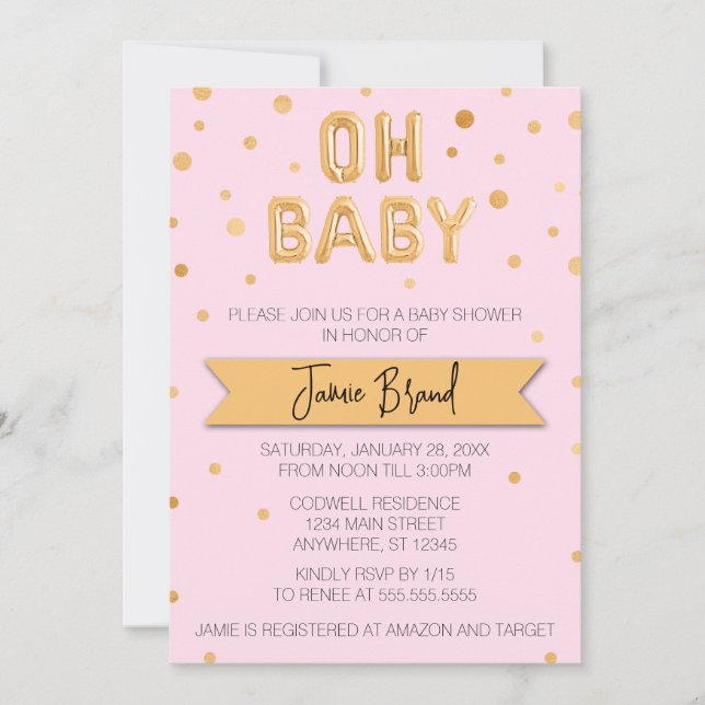 Convite Chá de fraldas de Balão de Folha de Bebê Gold (Frente)