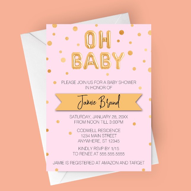 Convite Chá de fraldas de Balão de Folha de Bebê Gold (Oh Baby Gold Foil Balloons on Pink Background Baby Shower Invitation)