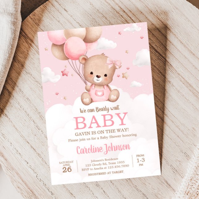 Convite Chá de fraldas de Balão de Nuvens Rosa-Rosa (Pink Girl Teddy Bear Clouds Balloon Baby Shower Invitation)