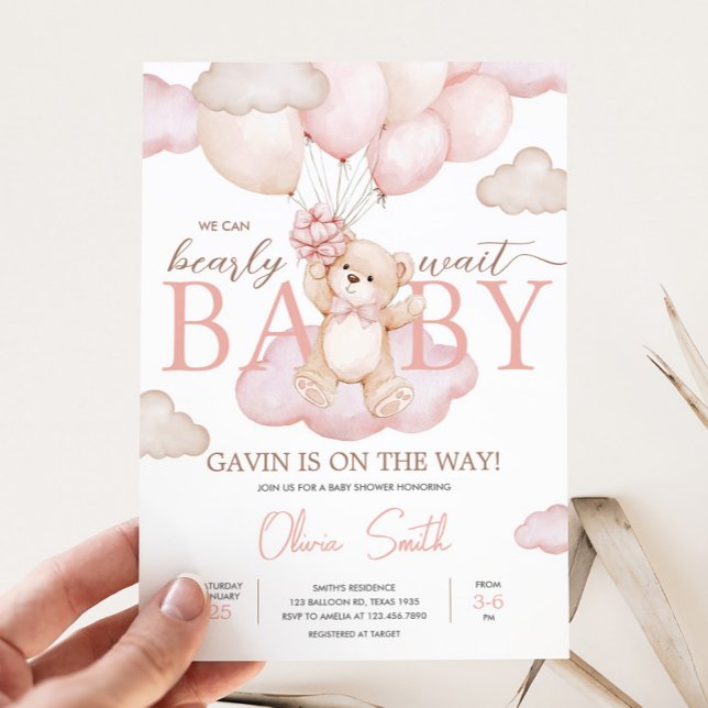 Convite Chá de fraldas de Balão de Urso Bebê Rosa (Pink Bearly Wait Baby Bear Balloon Baby Shower Invitation
)