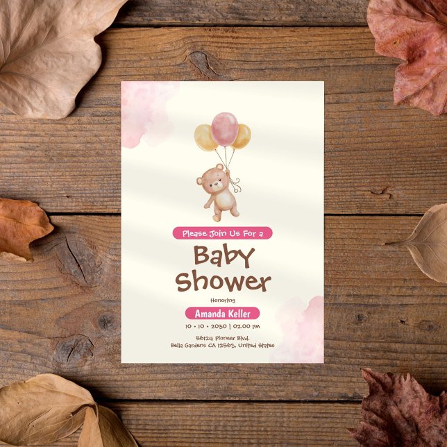 Convite Chá de fraldas de Balão de Urso Bebê Rosa e Creme (Criador carregado)