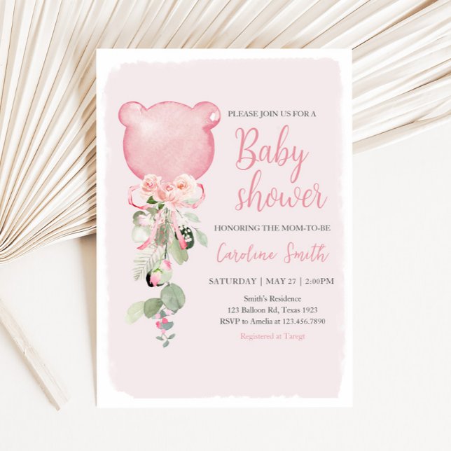 Convite Chá de fraldas de Balão Eucalyptus Floral Rosa (Pink Floral Eucalyptus Bear Balloon Baby Shower Invitation
)