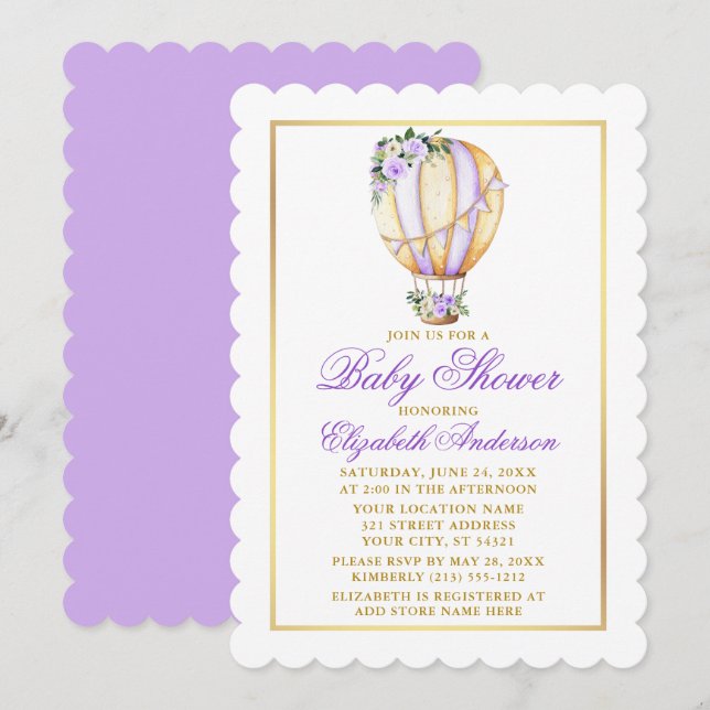 Convite Chá de fraldas de Balão Floral Púrpura da Aquarela (Frente/Verso)
