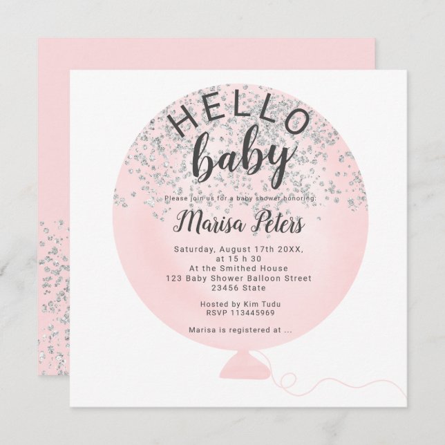 Convite Chá de fraldas de balão rosa com brilho prateado (Frente/Verso)