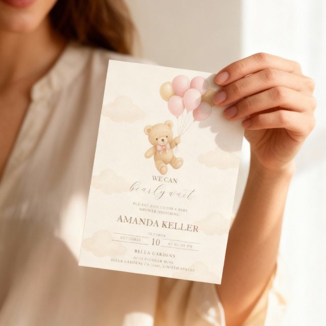 Convite Chá de fraldas de Balão Rosa do Urso Teddy (Criador carregado)