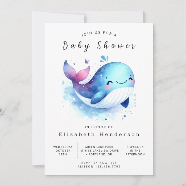 Convite Chá de fraldas de Baleia com Impressão Clássica (Frente)