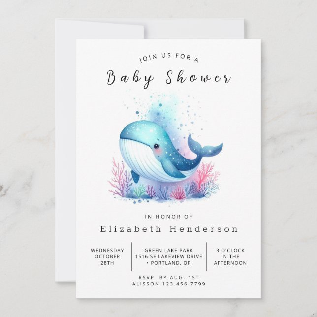 Convite Chá de fraldas de baleia digital submarina (Frente)