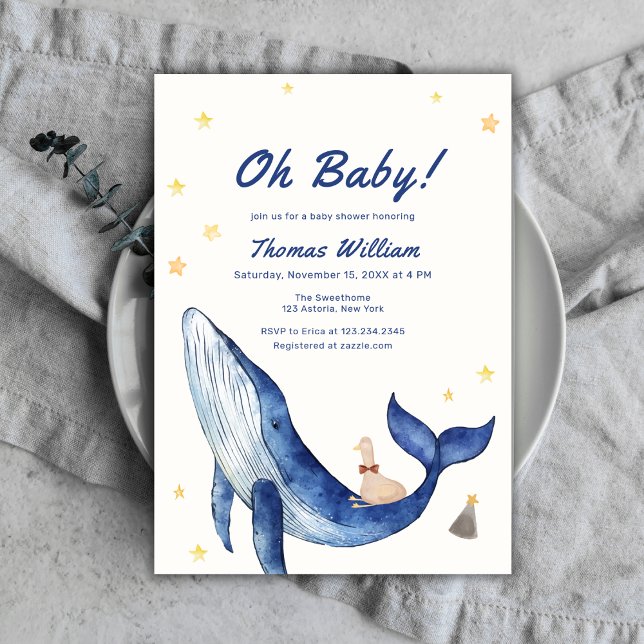 Convite Chá de fraldas de Baleia Estrelada Baleeira Azul (Blue Whimsical Duckling Star Whale Baby Shower Invitation)