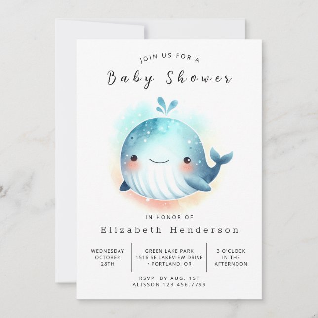 Convite Chá de fraldas de Baleia Imprimível Whimsy (Frente)