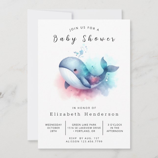Convite Chá de fraldas de Baleia Online Elegante (Frente)