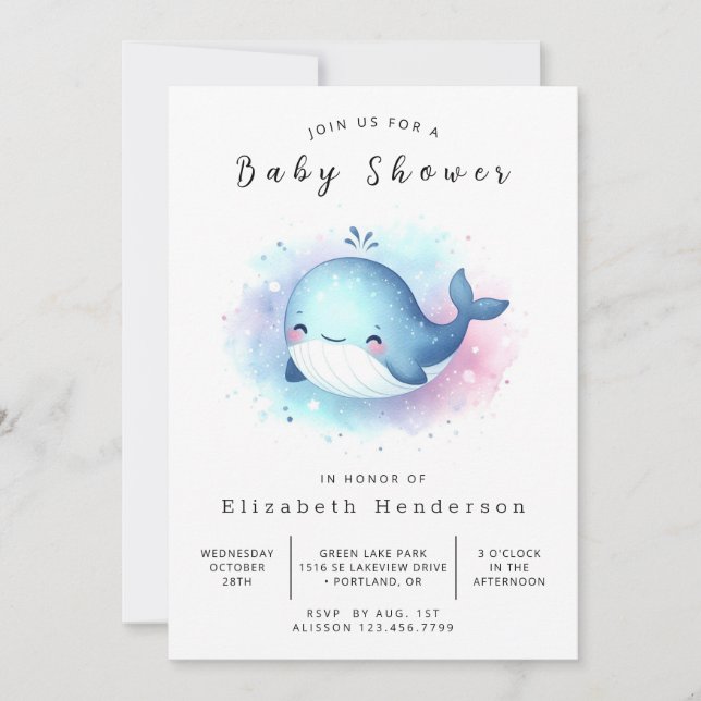 Convite Chá de fraldas de Baleia Personalizada de Aquarela (Frente)