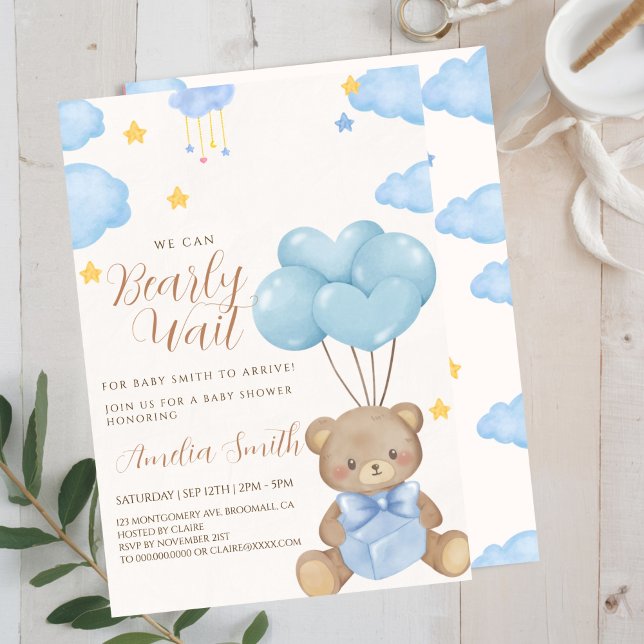 Convite Chá de fraldas de Balões Azul Tan do Urso de Teddy (Criador carregado)