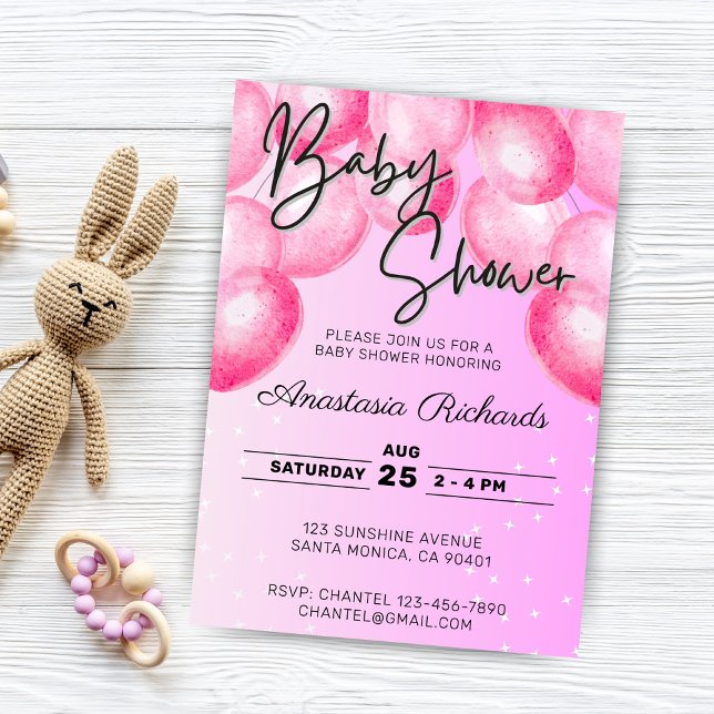 Convite Chá de fraldas de Balões de Aquarela Rosa (pink watercolor balloons baby shower invitation)
