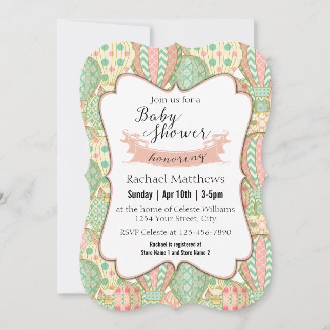 Convite Chá de fraldas de Balões de Ar Quente Azul-Rosa e  (Frente)