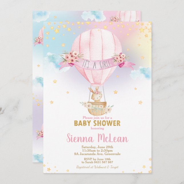 Convite Chá de fraldas de Balões de Ar Quente do Rainbow B (Frente/Verso)