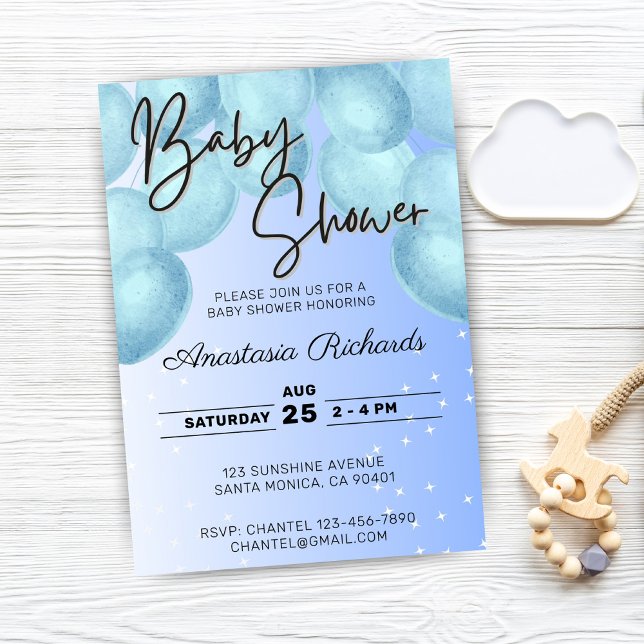 Convite Chá de fraldas de Balões de Cor Azul (blue watercolor balloons baby shower invitation)