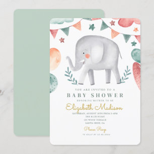 Convite Chá de fraldas de Balões de Cute de Elefante de Aq