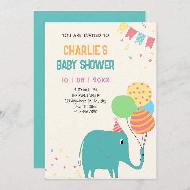 Convite Chá de fraldas de balões de elefantes (Frente/Verso)