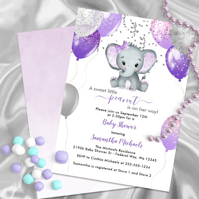 Convite Chá de fraldas de Balões de Elefantes Bonitos (Cute Elephant Girl Balloons Baby Shower Invitation)