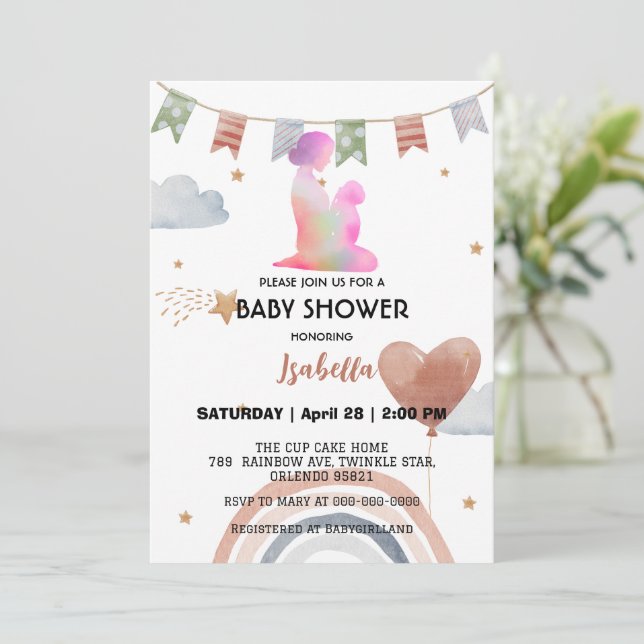 Convite Chá de fraldas de balões de estrela arco-íris da M (Em pé/Frente)