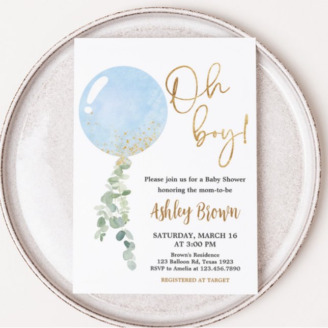 Convite Chá de fraldas de Balões de Menino (Blue Balloon Eucalyptus Baby Shower Invitation)