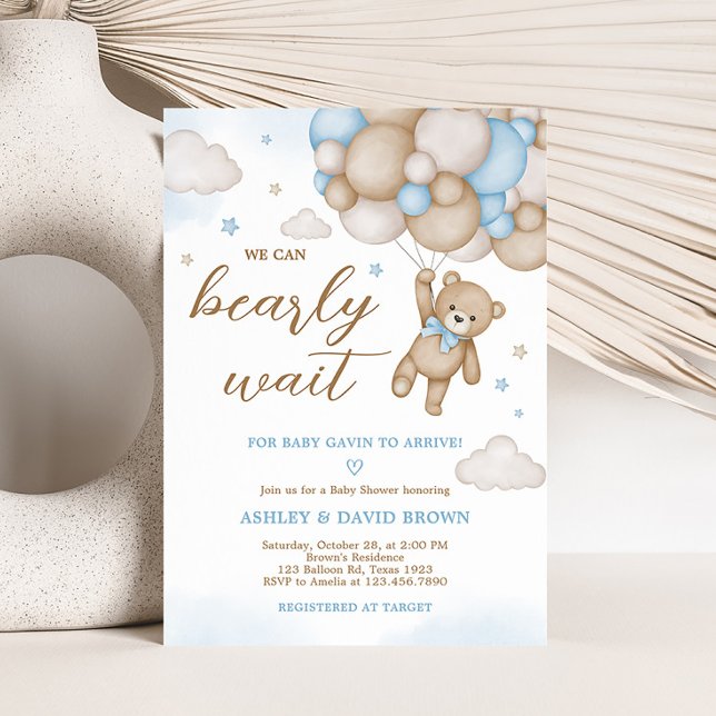 Convite Chá de fraldas de Balões de Urso Azul ( Blue Bear Baby Shower Invitation)